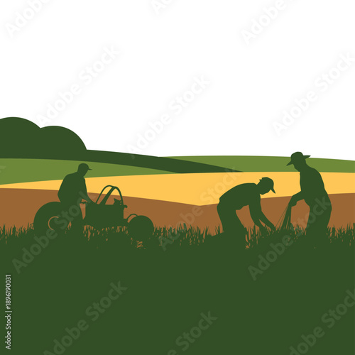 Silhouetted farmers working in a field with a tractor, symbolizing agriculture and rural life.