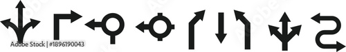 Directional Road Symbols. Straight turn and u turn icon. Traffic navigation design. Street guide and routing icons. Highway Direction Icons
