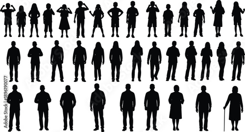 People silhouettes set, standing kids and adults characters, diverse crowd figures for architectural scale and urban graphic design vector illustrations,