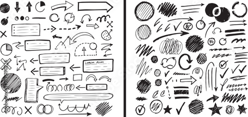 A comprehensive set of hand-drawn vector elements featuring a wide variety of black ink scribbles, textures, arrows, and speech bubbles in minimalist sketch and expressive charcoal styles.