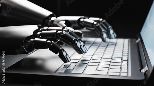 Robotic hand typing on a laptop keyboard, showcasing technology and innovation