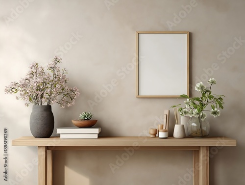minimalist lived in small spaces a modern advant garde small and tall hallway table books and small flowery plants horizontal empty small photo frame With soft simple shadows ultrarealist
