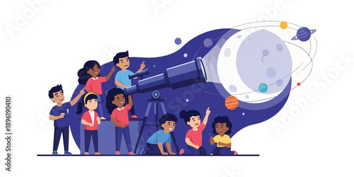 Kids Watching Stars with Telescope Illustration