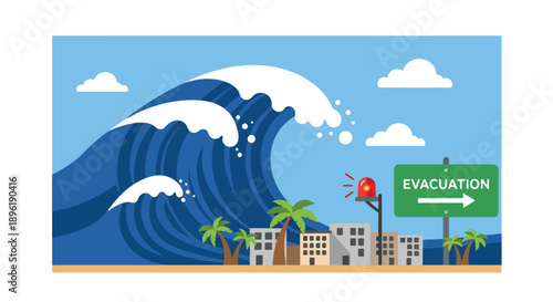 Modern vector illustration of a tsunami approaching coastal town with evacuation routes and emergency systems, promoting disaster awareness, safety planning, and coastal protection