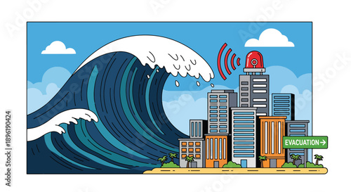 Modern vector illustration of a tsunami approaching coastal town with evacuation routes and emergency systems, promoting disaster awareness, safety planning, and coastal protection