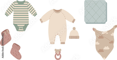 Baby Clothing and Accessories Illustration Set Featuring Onesies, Socks, Blanket, Hat, Bib and Teether