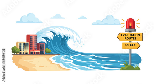 Modern vector illustration of a tsunami approaching coastal town with evacuation routes and emergency systems, promoting disaster awareness, safety planning, and coastal protection