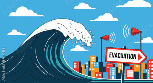 Modern vector illustration of a tsunami approaching coastal town with evacuation routes and emergency systems, promoting disaster awareness, safety planning, and coastal protection