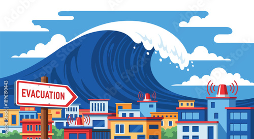 Modern vector illustration of a tsunami approaching coastal town with evacuation routes and emergency systems, promoting disaster awareness, safety planning, and coastal protection