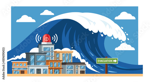 Modern vector illustration of a tsunami approaching coastal town with evacuation routes and emergency systems, promoting disaster awareness, safety planning, and coastal protection