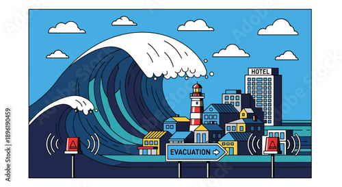 Modern vector illustration of a tsunami approaching coastal town with evacuation routes and emergency systems, promoting disaster awareness, safety planning, and coastal protection