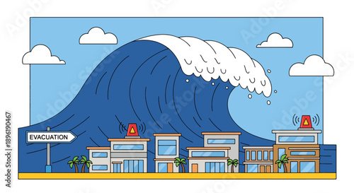 Modern vector illustration of a tsunami approaching coastal town with evacuation routes and emergency systems, promoting disaster awareness, safety planning, and coastal protection
