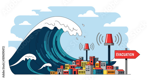 Modern vector illustration of a tsunami approaching coastal town with evacuation routes and emergency systems, promoting disaster awareness, safety planning, and coastal protection