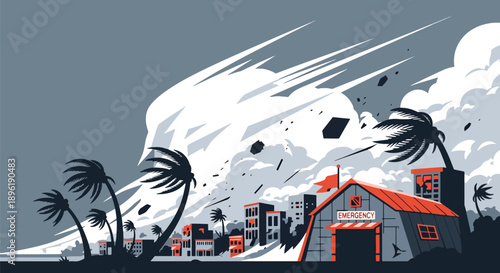 Modern vector illustration of a hurricane hitting seaside houses with strong winds and debris, emphasizing disaster response, weather safety, and community resilience