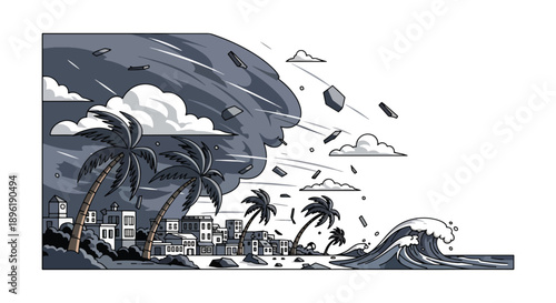 Modern vector illustration of a hurricane hitting seaside houses with strong winds and debris, emphasizing disaster response, weather safety, and community resilience
