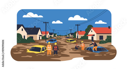 Modern vector illustration of urban flooding with submerged streets and rescue teams helping residents, highlighting flood risk management and emergency preparedness