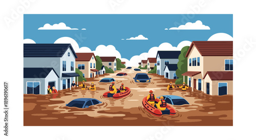 Modern vector illustration of urban flooding with submerged streets and rescue teams helping residents, highlighting flood risk management and emergency preparedness