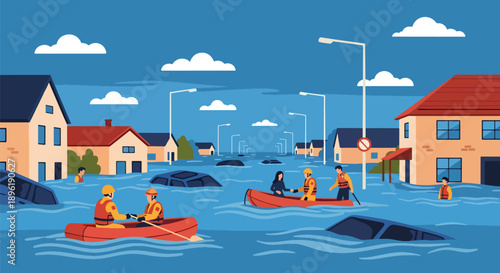 Modern vector illustration of urban flooding with submerged streets and rescue teams helping residents, highlighting flood risk management and emergency preparedness