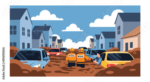 Modern vector illustration of urban flooding with submerged streets and rescue teams helping residents, highlighting flood risk management and emergency preparedness