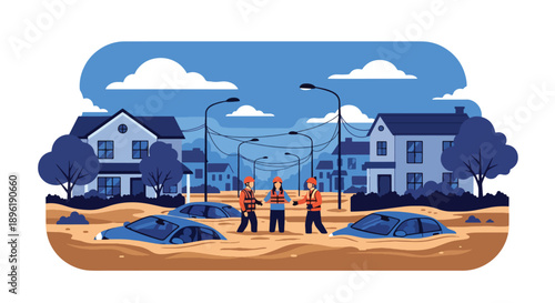 Modern vector illustration of urban flooding with submerged streets and rescue teams helping residents, highlighting flood risk management and emergency preparedness