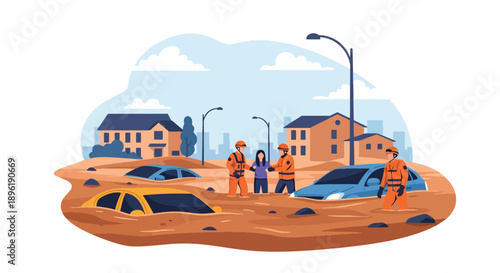 Modern vector illustration of urban flooding with submerged streets and rescue teams helping residents, highlighting flood risk management and emergency preparedness