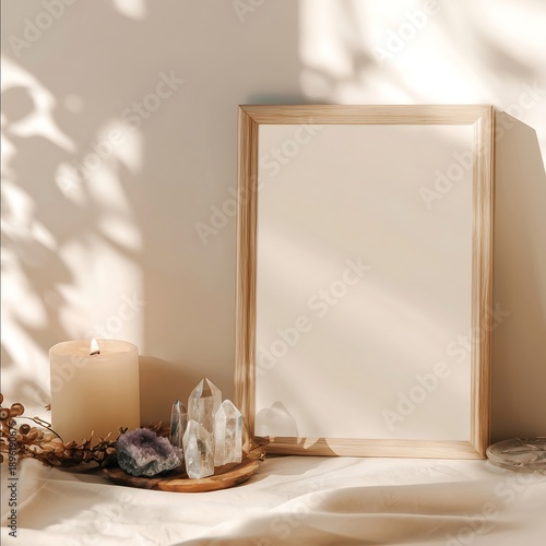 Empty large thin wooden frame resting on a table The frame is elegant and delicate not chunky or thick Witchy elements around it crystals and a lit candle Photorealistic mockup with a min