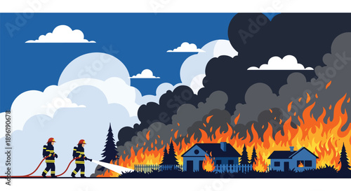 Modern vector illustration of wildfire spreading near homes with firefighters controlling flames, promoting forest protection, climate awareness, and disaster response