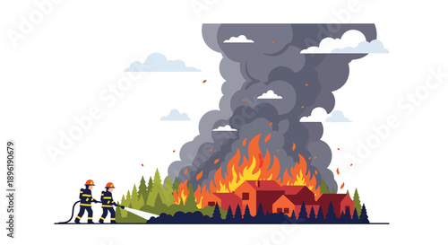 Modern vector illustration of wildfire spreading near homes with firefighters controlling flames, promoting forest protection, climate awareness, and disaster response
