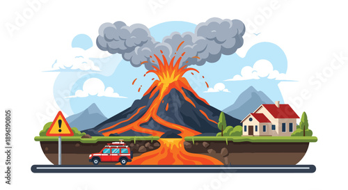Modern vector illustration of volcanic eruption with lava and ash clouds, evacuation vehicles, and warning systems, emphasizing geological disaster awareness and safety