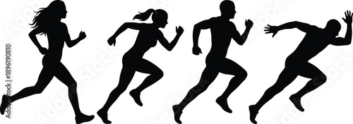 Running people silhouettes set, male and female athletes sprinting, fitness and marathon training icons, athletic runners vector illustrations for sports,