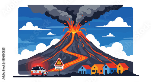 Modern vector illustration of volcanic eruption with lava and ash clouds, evacuation vehicles, and warning systems, emphasizing geological disaster awareness and safety