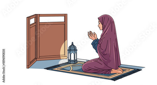 Muslim Woman Praying on Rug with Lantern and Divider