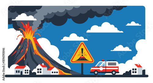 Modern vector illustration of volcanic eruption with lava and ash clouds, evacuation vehicles, and warning systems, emphasizing geological disaster awareness and safety