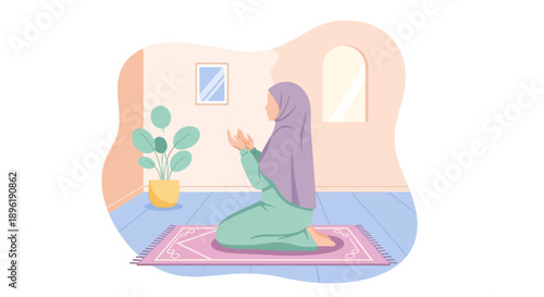 Muslim Woman Praying on Rug, Islamic Devotion, Peaceful Interior Scene