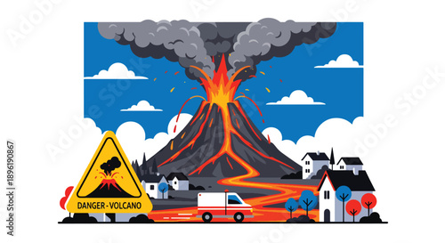 Modern vector illustration of volcanic eruption with lava and ash clouds, evacuation vehicles, and warning systems, emphasizing geological disaster awareness and safety