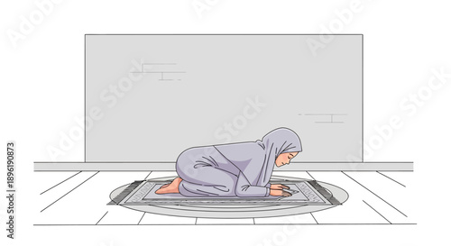 Muslim Woman Praying on Rug, Islamic Worship, Prostration Pose, Devotion