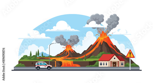 Modern vector illustration of volcanic eruption with lava and ash clouds, evacuation vehicles, and warning systems, emphasizing geological disaster awareness and safety