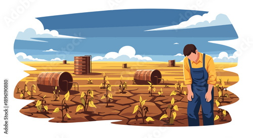 Modern vector illustration of drought-stricken farmland with cracked soil and dry crops, highlighting climate impact, water scarcity, and food security risks