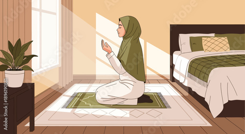 Muslim Woman Praying Salah on Rug in Bedroom with Sunlight