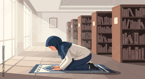 Muslim Woman Praying Salah on Rug in Library, Islamic Faith, Spirituality