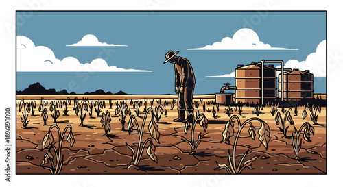 Modern vector illustration of drought-stricken farmland with cracked soil and dry crops, highlighting climate impact, water scarcity, and food security risks