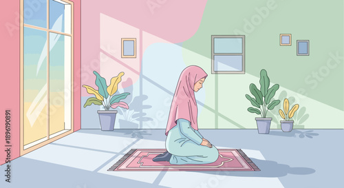 Muslim Woman Praying Salat on Prayer Mat in Bright Room with Plants