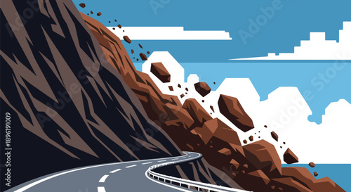 Modern vector illustration of landslide blocking mountain roads with emergency crews on site, showing disaster response, infrastructure safety, and risk management