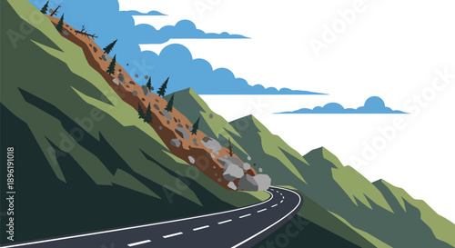Modern vector illustration of landslide blocking mountain roads with emergency crews on site, showing disaster response, infrastructure safety, and risk management