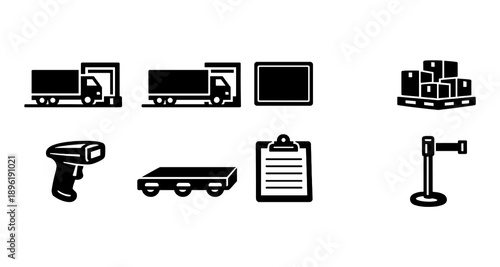 Logistics icons: truck, conveyor, tablet, barcode scanner, pallet, clipboard, barrier