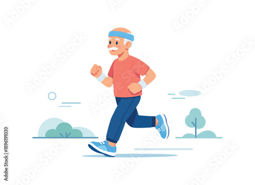 Elderly man jogging in the park, flat vector illustration