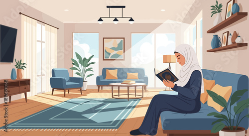 Muslim Woman Reading Holy Book in Cozy Living Room, Islamic Culture, Peaceful Home