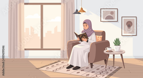Muslim Woman Reading Holy Book in Cozy Living Room