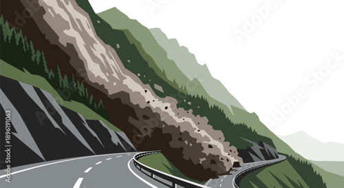 Modern vector illustration of landslide blocking mountain roads with emergency crews on site, showing disaster response, infrastructure safety, and risk management