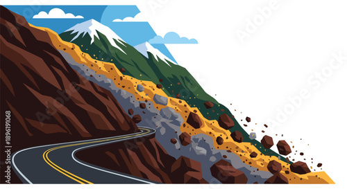 Modern vector illustration of landslide blocking mountain roads with emergency crews on site, showing disaster response, infrastructure safety, and risk management